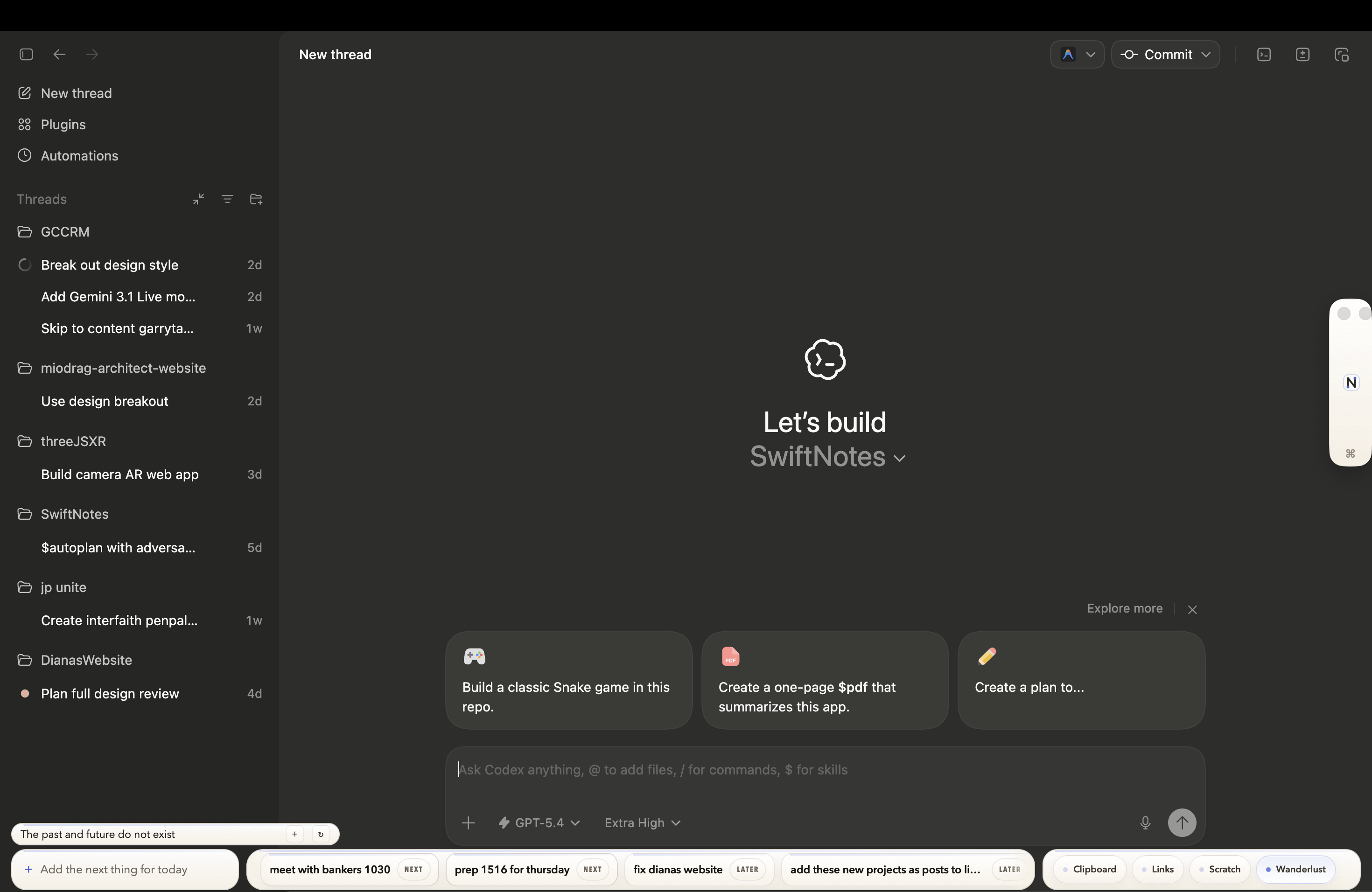 SwiftNotes workspace with docked surfaces visible