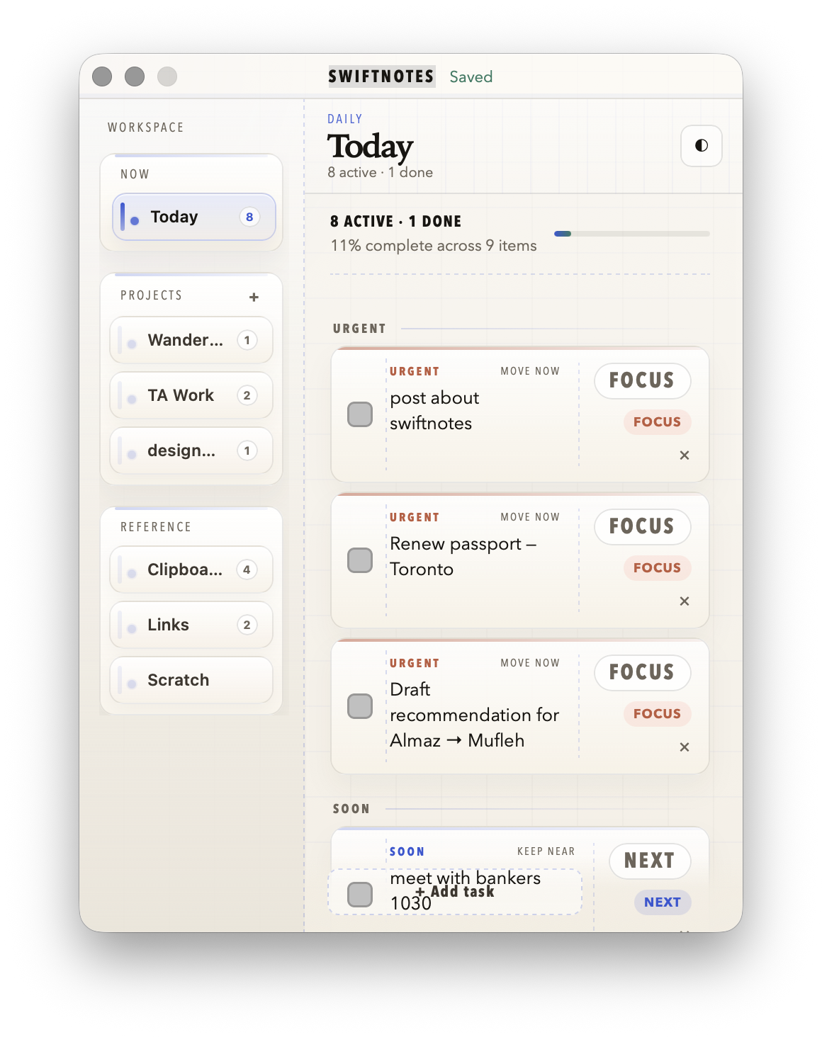 SwiftNotes workspace expanded